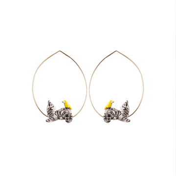tabby cat and bird small hoops - Nach Bijoux