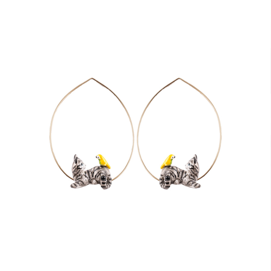 tabby cat and bird small hoops - Nach Bijoux