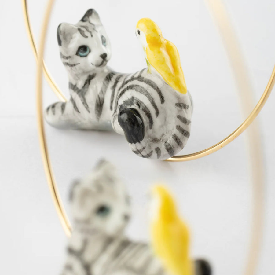 tabby cat and bird small hoops - Nach Bijoux