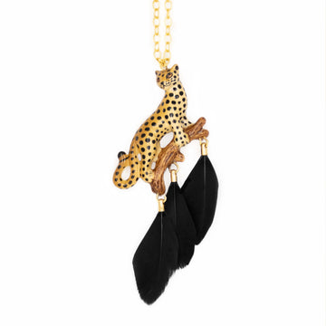 Leopard on branch necklace with feathers - Nach Bijoux